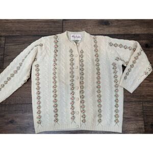 VTG Miss Erika Virgin Wool Ivory Wool Fisherman Hand Embroidery Floral Cardigan